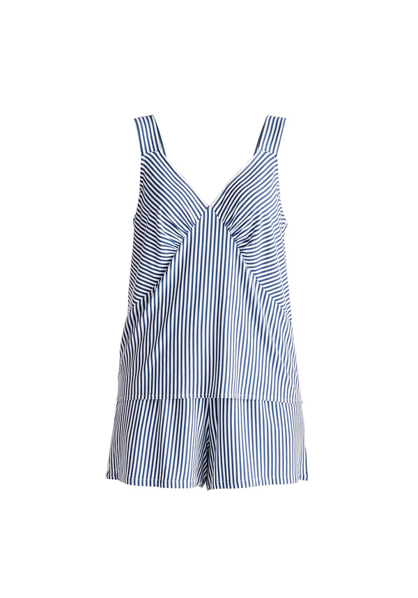 Pyjama Vest Top and Elasticated Shorts in Dark Blue and White Cut Out